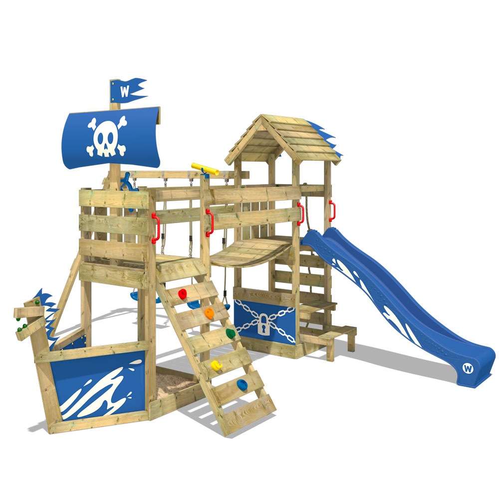 WICKEY Spielturm Kletterturm TinyPlace Blaue Rutsche Schaukel Kinder Holz Garten 